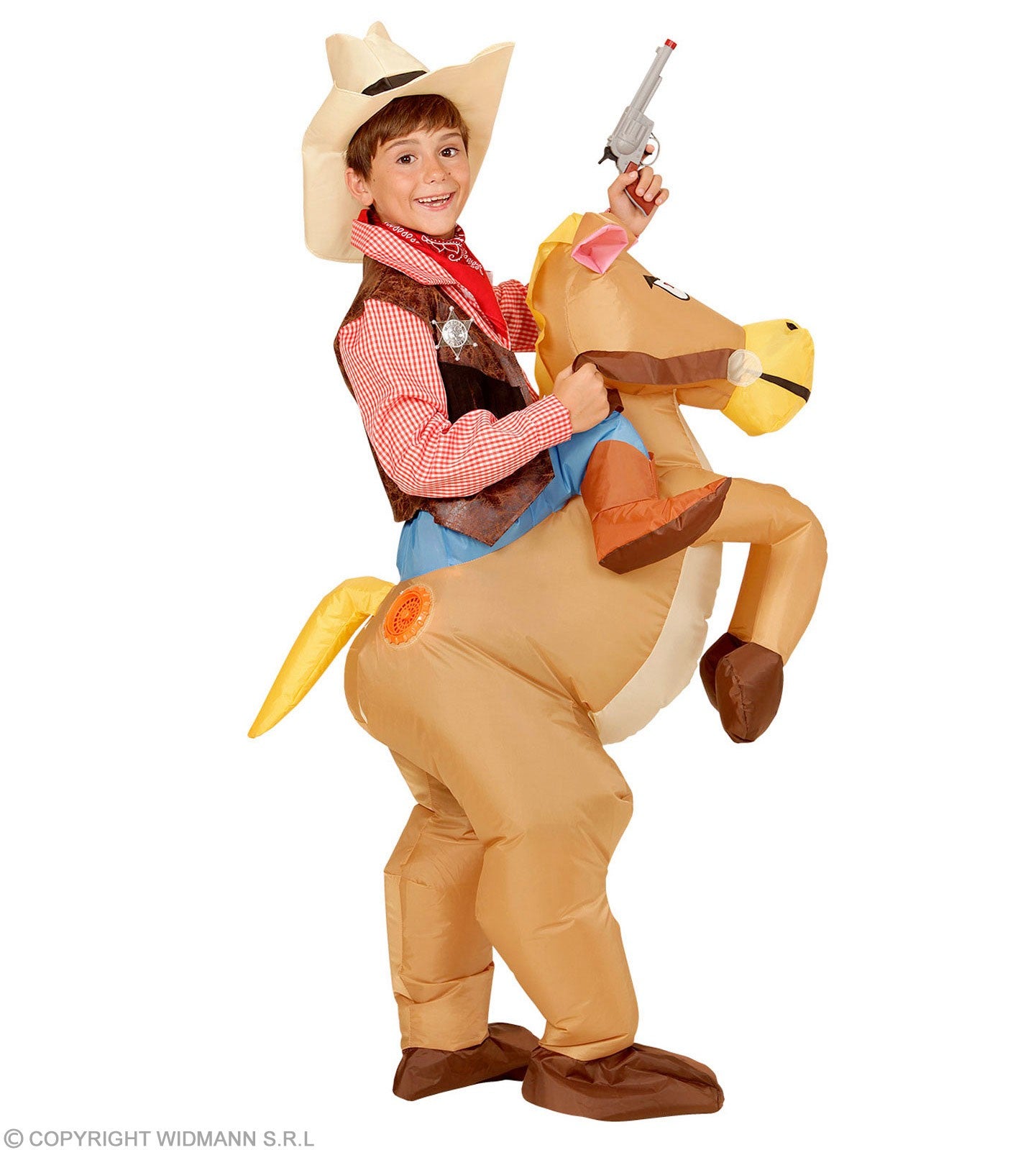 Déguisement à dos de cheval (gonflable avec ventilateur, chapeau)