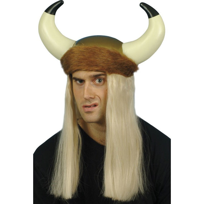 Casque de viking avec cornes et cheveux blonds