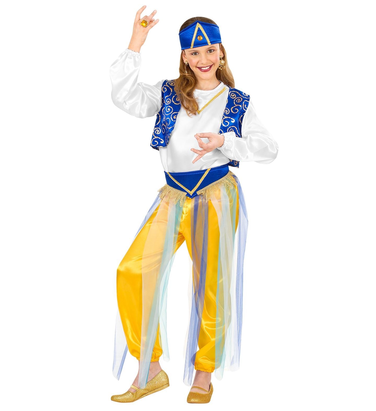 Déguisement Princesse orientale (chemise, gilet, pantalon avec voiles, ceinture, coiffe)