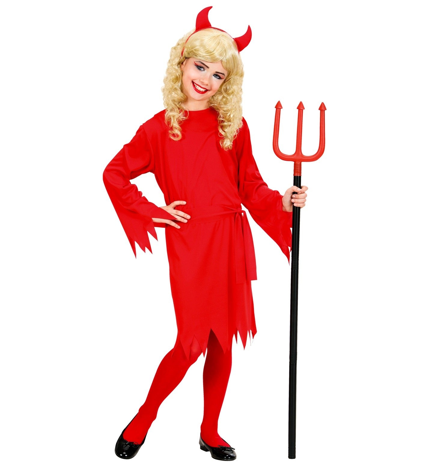 Déguisement petit Démon rouge fille (robe, ceinture, cornes)
