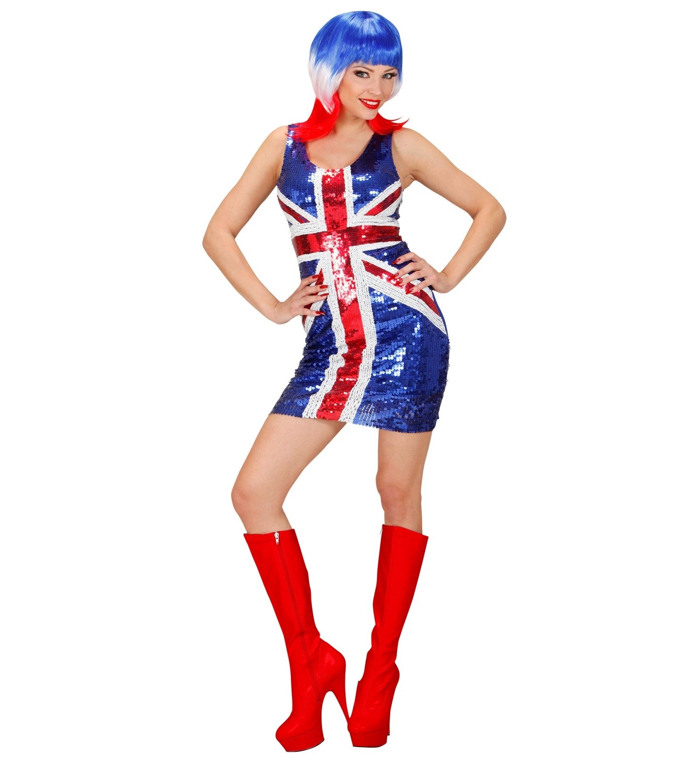 Déguisement femme, drapeau anglais (robe à paillettes bleu, blanc, rouge)