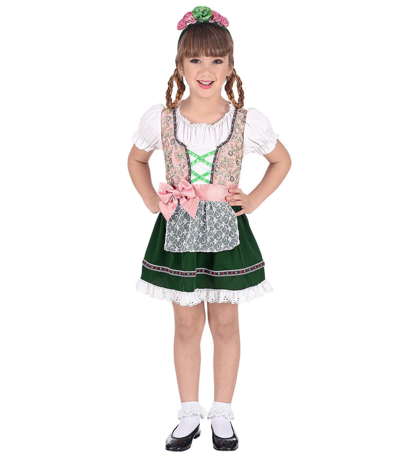 Déguisement Bavaroise fille, vert et rose (robe, bandeau à fleurs)