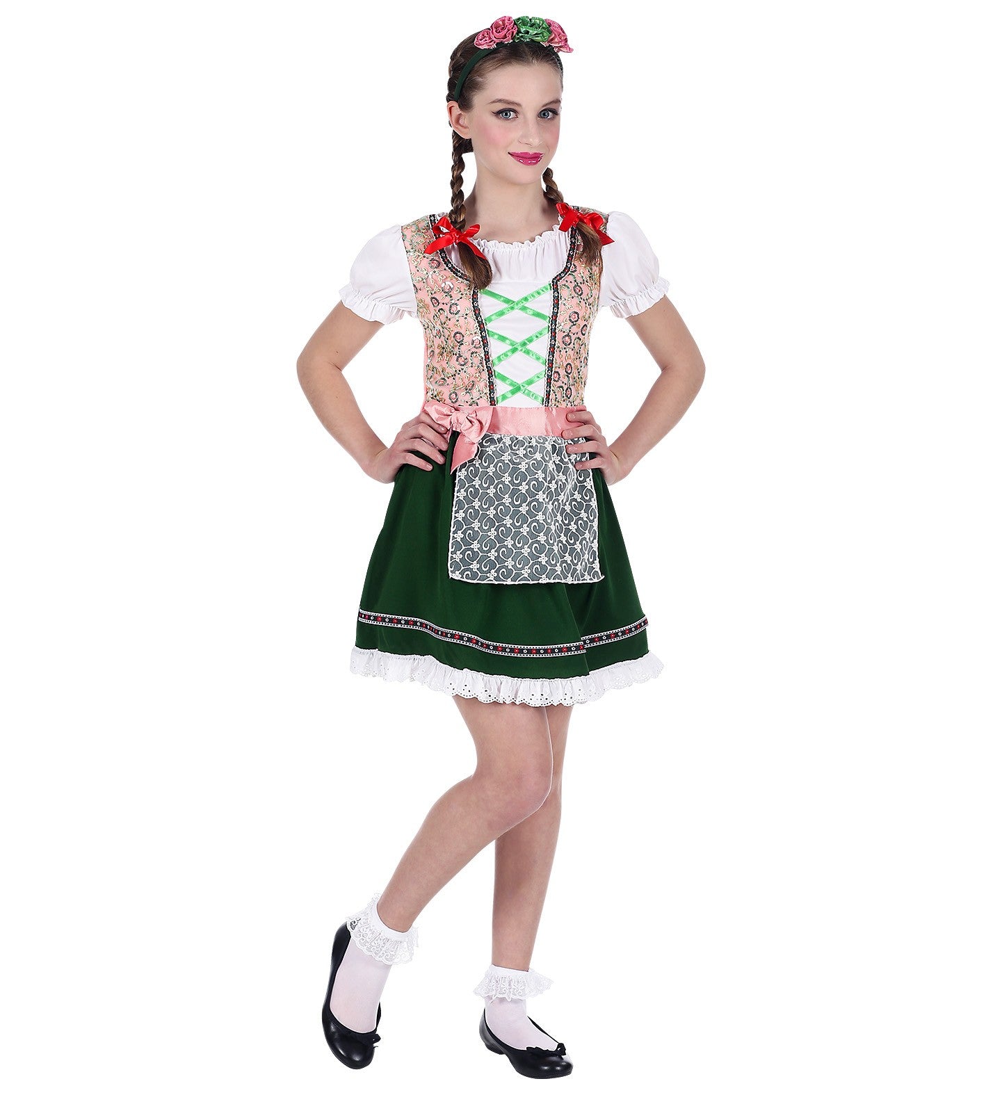 Déguisement Bavaroise fille, vert et rose (robe, bandeau à fleurs)