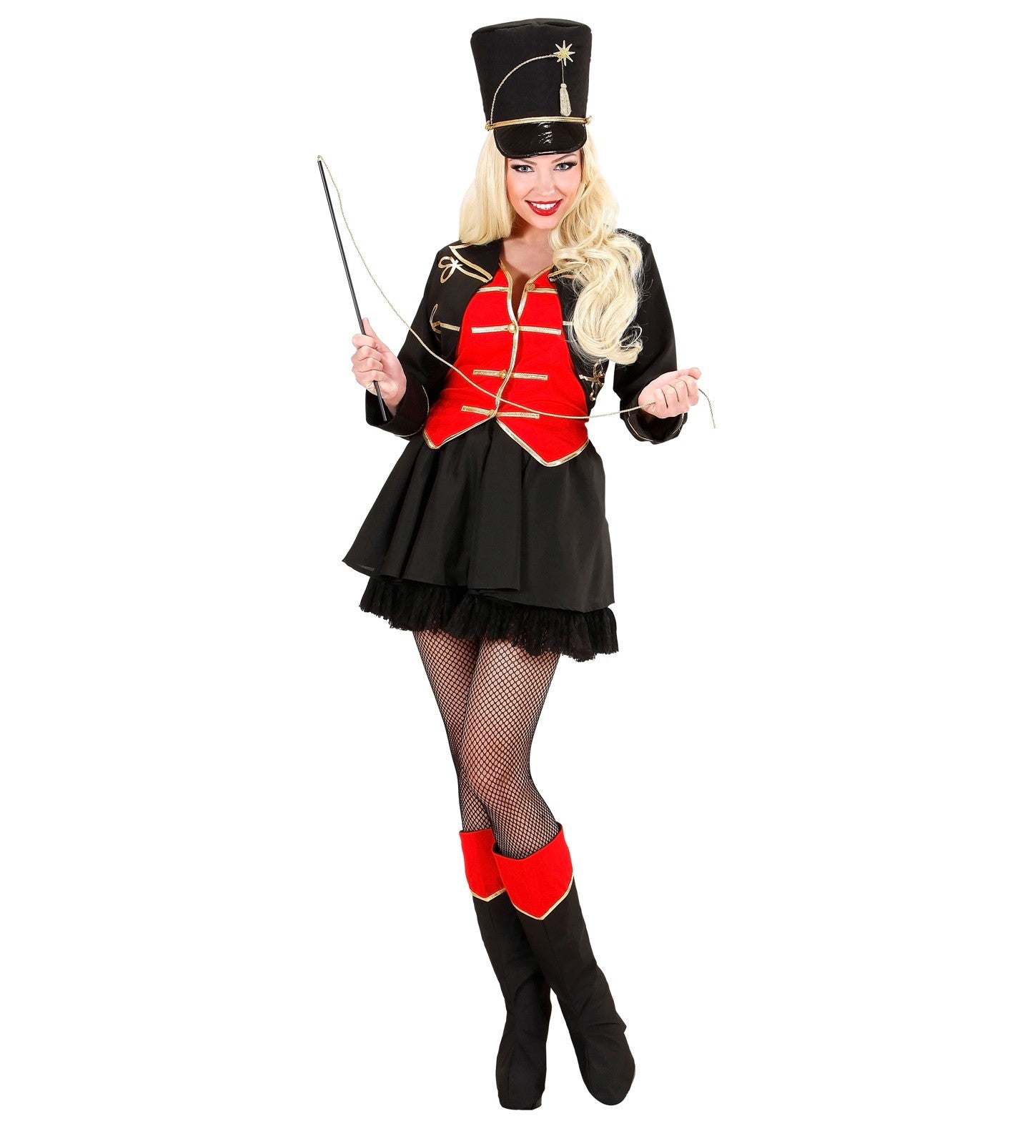 Déguisement femme dompteuse de cirque rouge et noir (veste avec gilet, jupe, sur-bottes, chapeau, fouet)