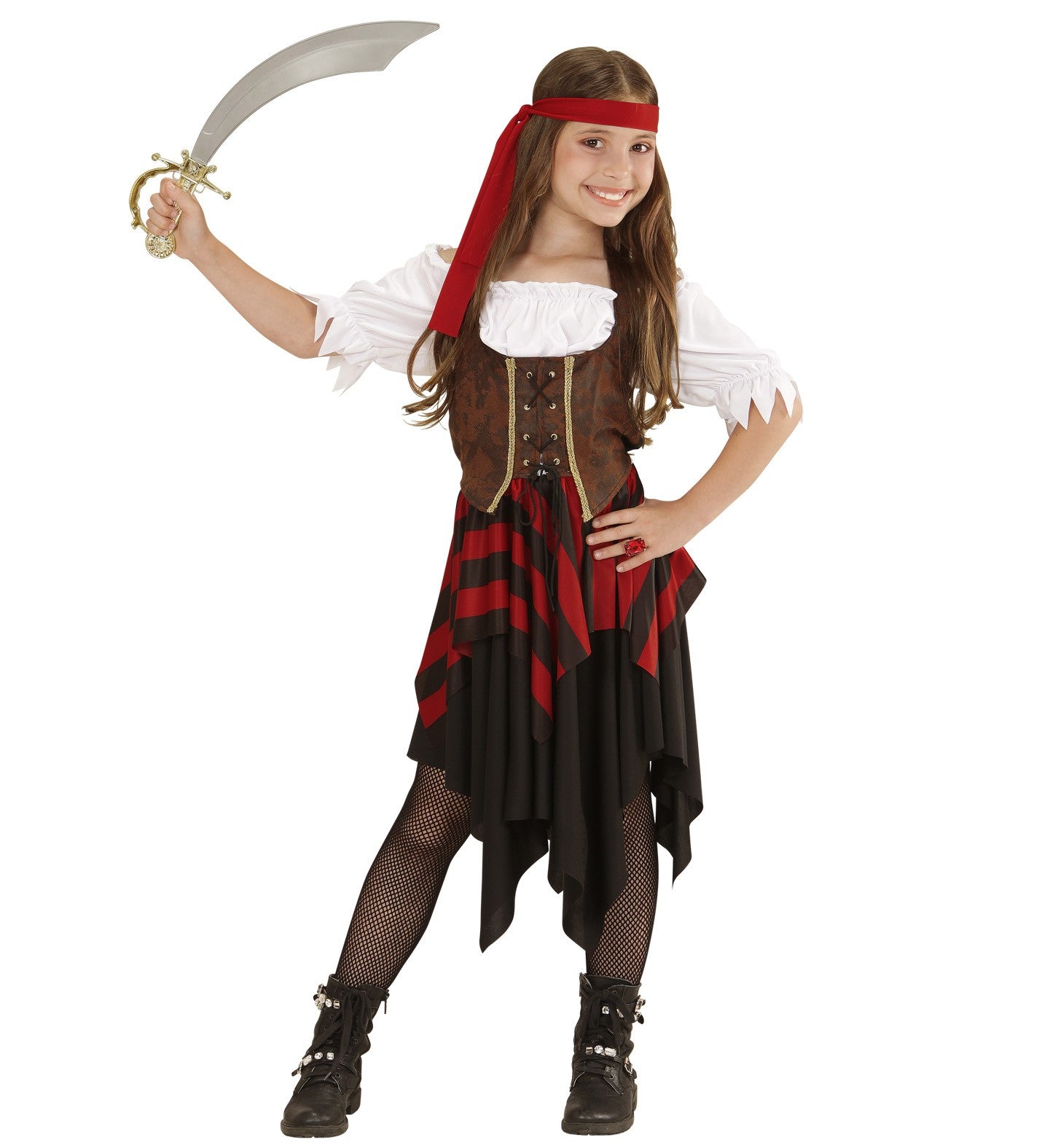 Déguisement Pirate fille rouge et noir (robe, corset, bandeau)