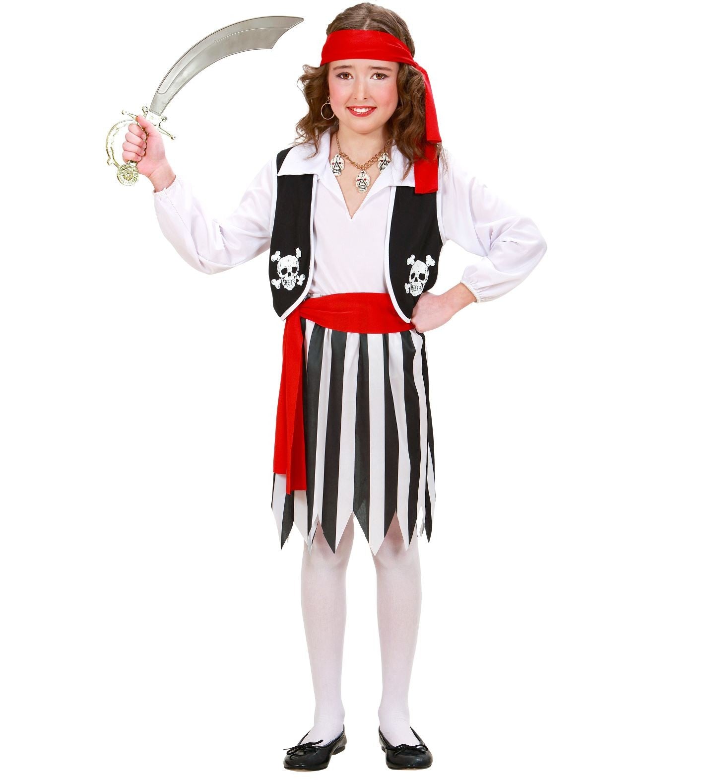Déguisement Pirate fille blanc, noir et rouge (chemise avec gilet, jupe, ceinture, bandeau)