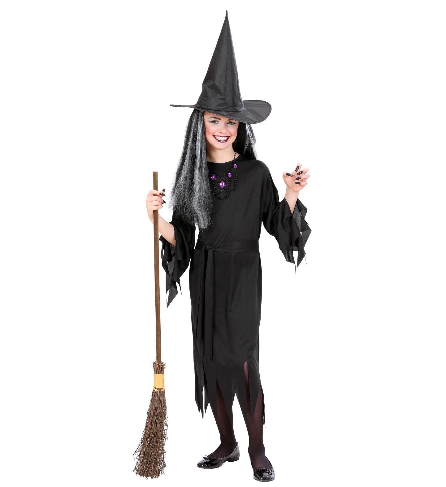 Déguisement Sorcière fille noir (robe, ceinture, chapeau)
