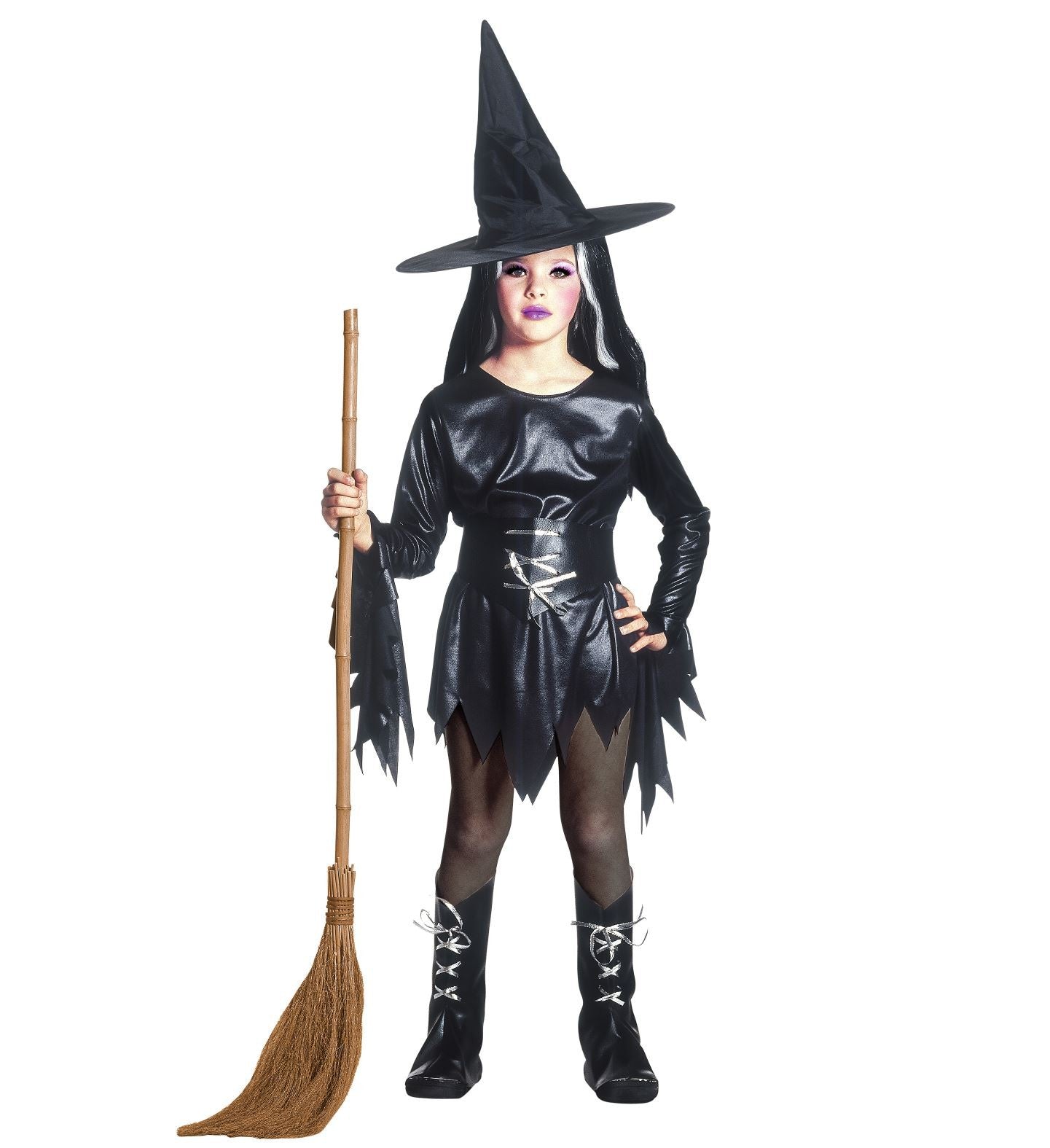 Déguisement Sorcière noire enfant (robe, ceinture, sur-bottes, chapeau)