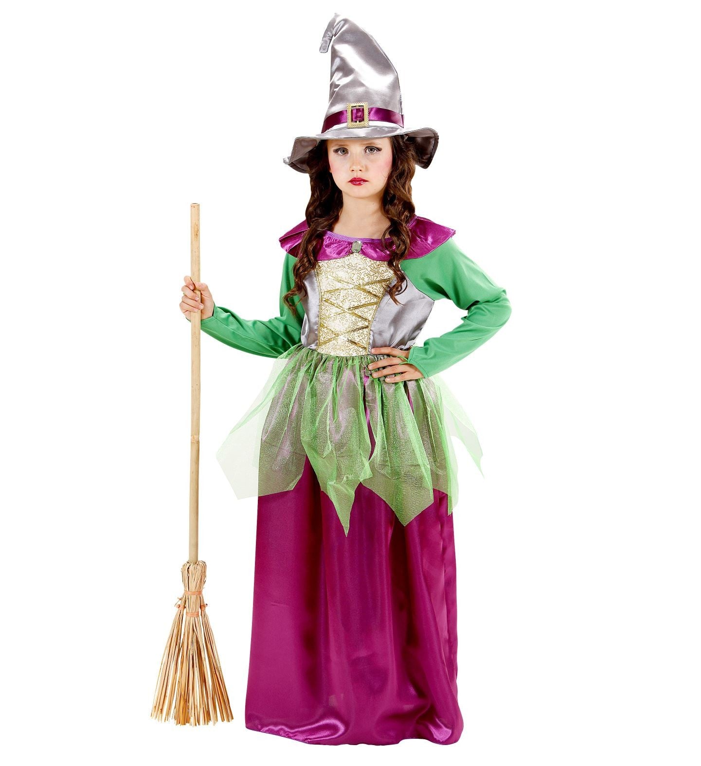 Déguisement de sorcière fille pour Halloween : robe et chapeau vert/violet