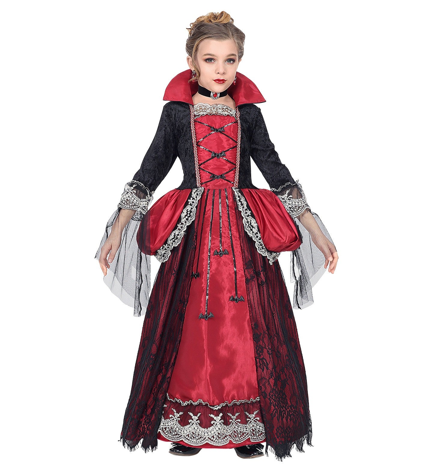 Déguisement Marquise vampire fille rouge et noir (robe avec jupon crinoline, collier avec gemme)