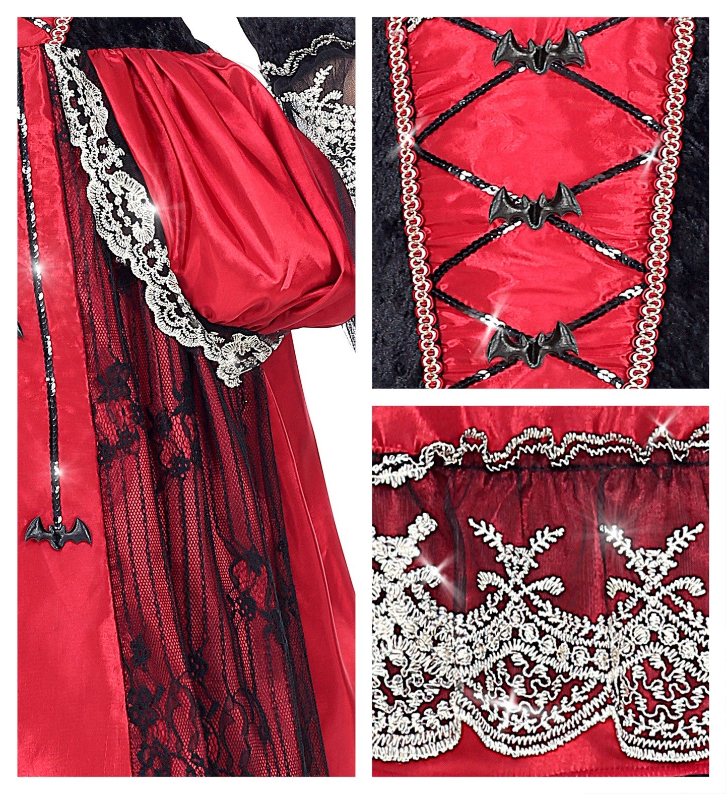 Déguisement Marquise vampire fille rouge et noir (robe avec jupon crinoline, collier avec gemme)