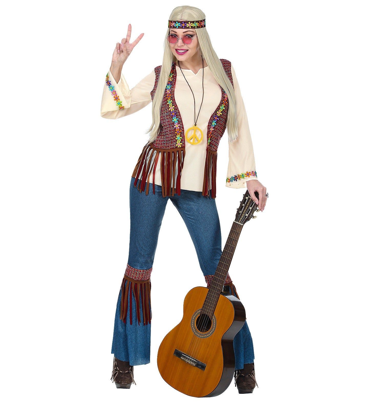 Déguisement hippie femme (chemise avec veste, pantalon, bandeau, collier)
