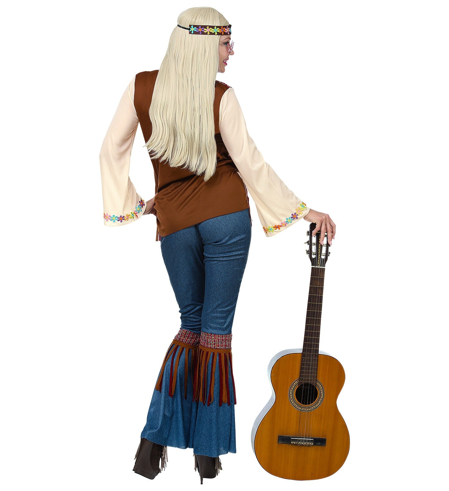 Déguisement hippie femme (chemise avec veste, pantalon, bandeau, collier)