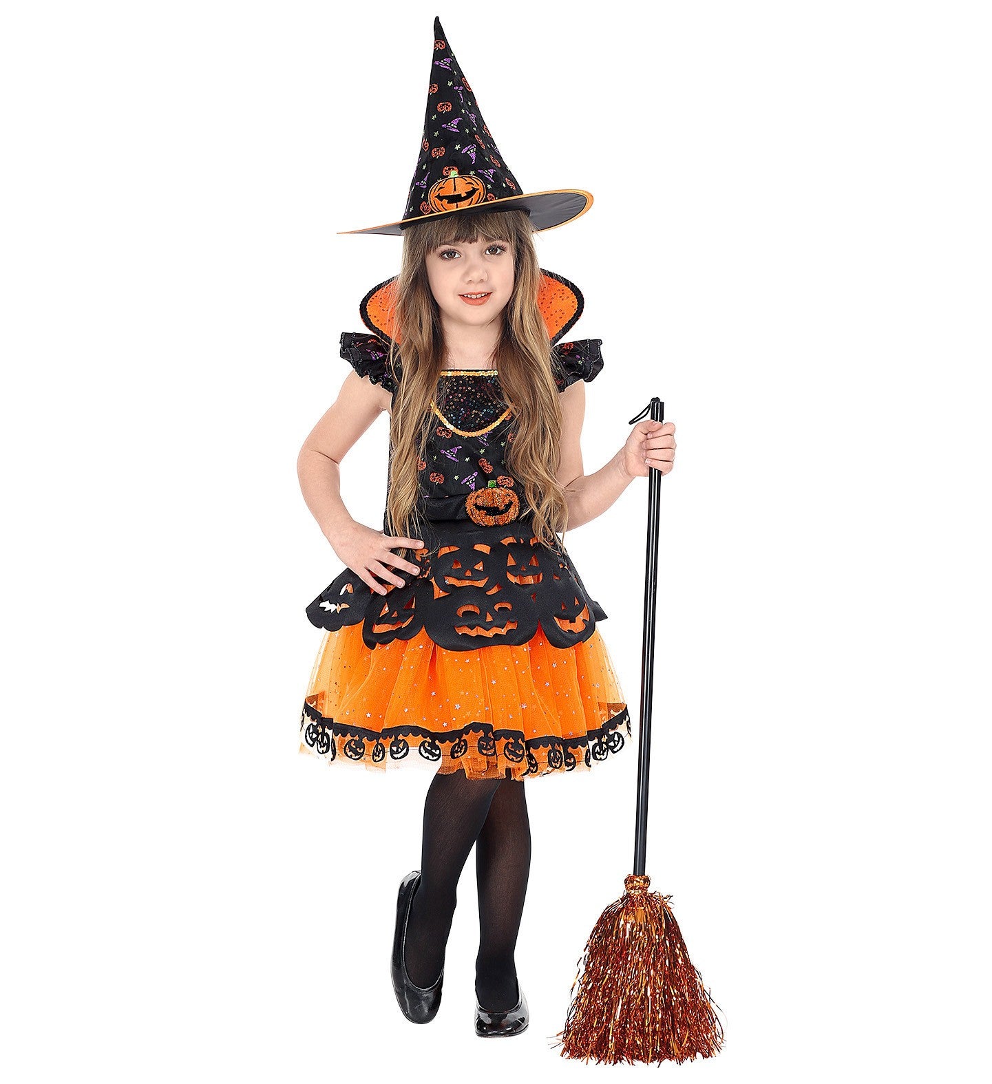 Déguisement Sorcière orange et noir, fille (robe orange et noire, motif citrouille et chapeau)