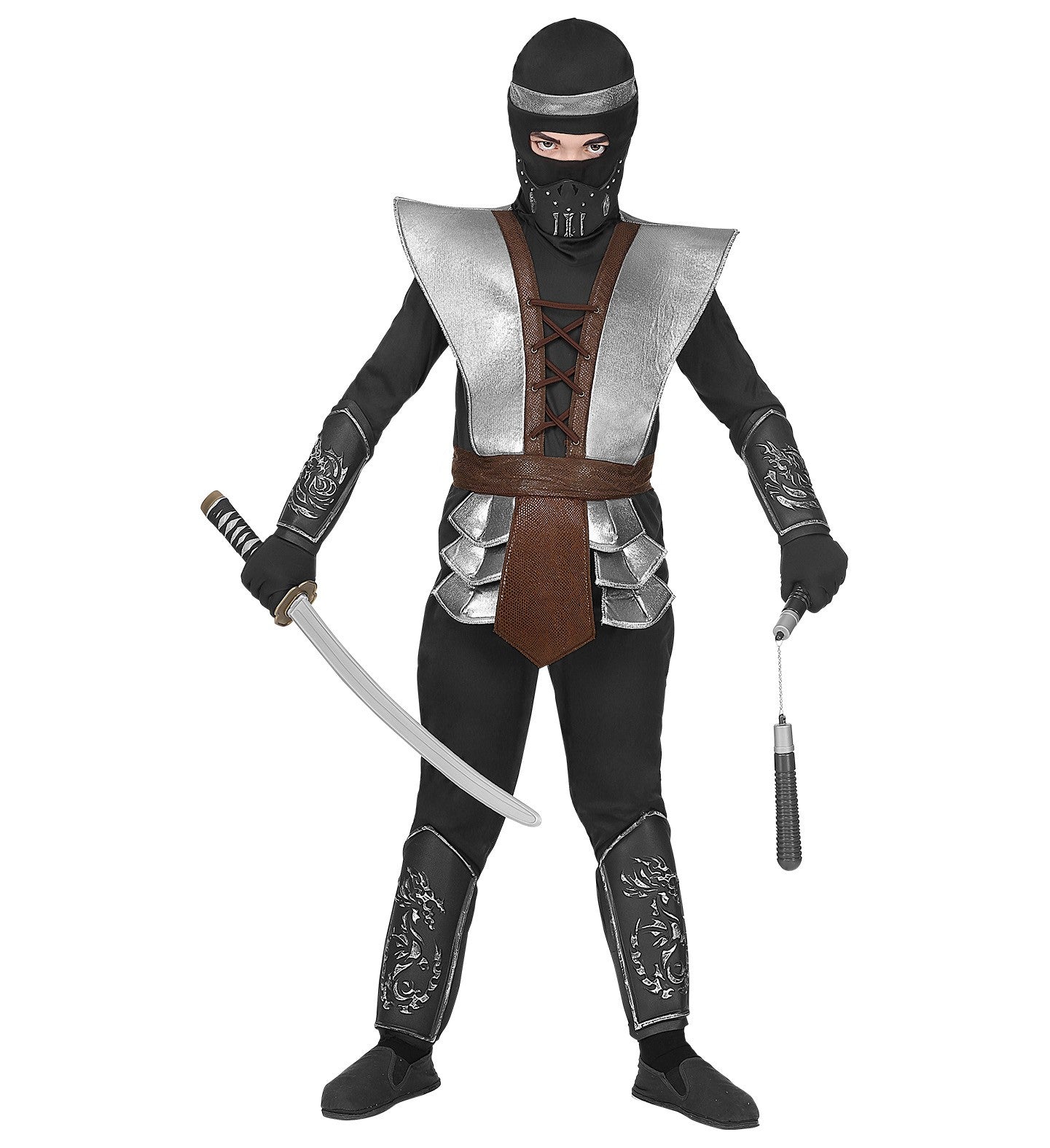 Déguisement Ninja garçon (haut, pantalon, tabard, ceinture, protège-bras, protège-jambes, cagoule)