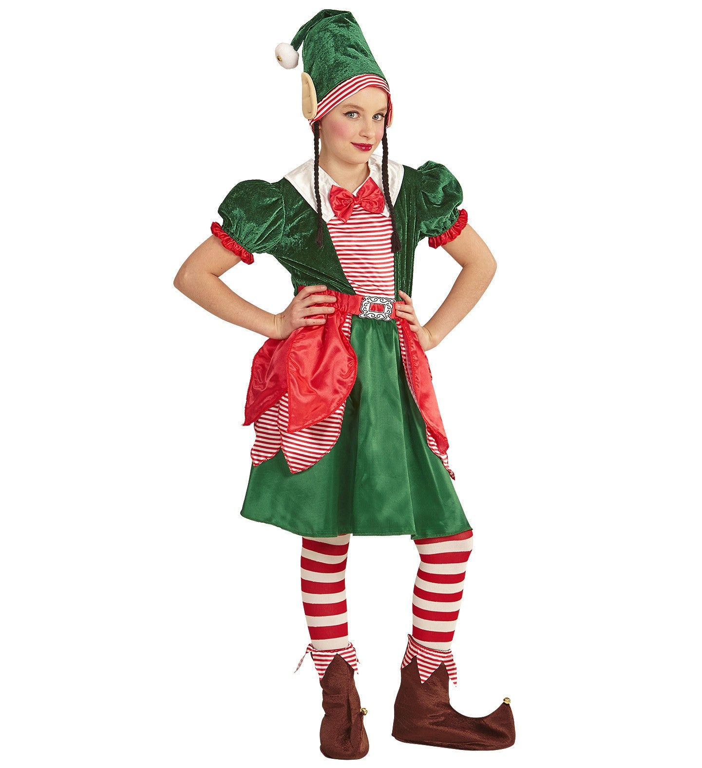 Déguisement Lutin, assistante du Père Noël (robe, bonnet avec oreilles et nattes)