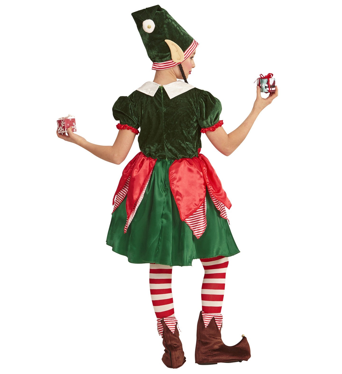 Déguisement Lutin, assistante du Père Noël (robe, bonnet avec oreilles et nattes)