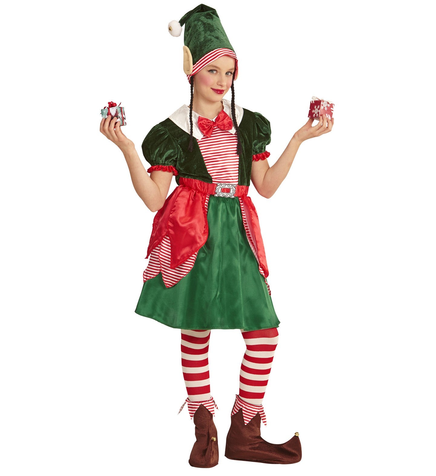 Déguisement Lutin, assistante du Père Noël (robe, bonnet avec oreilles et nattes)