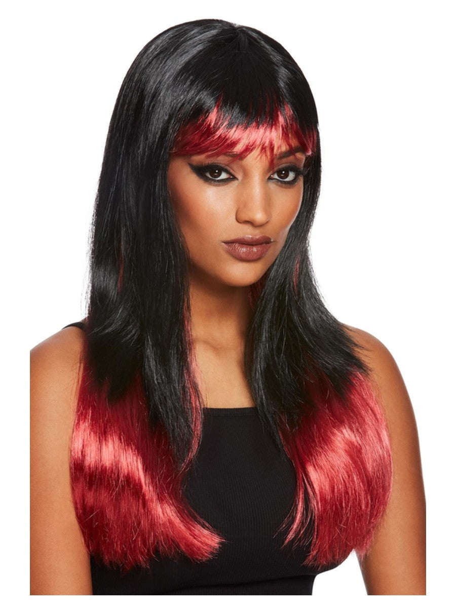 Perruque teinture bain de sang, noire et rouge, avec frange