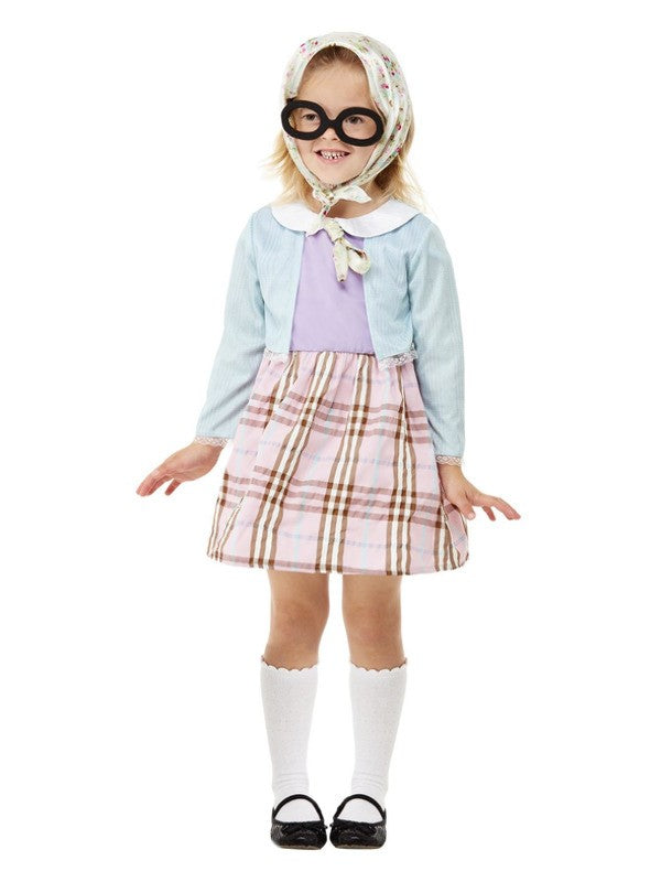 Déguisement de vieille dame, Bleu (Robe, foulard et lunettes - 1 à 4 ans)