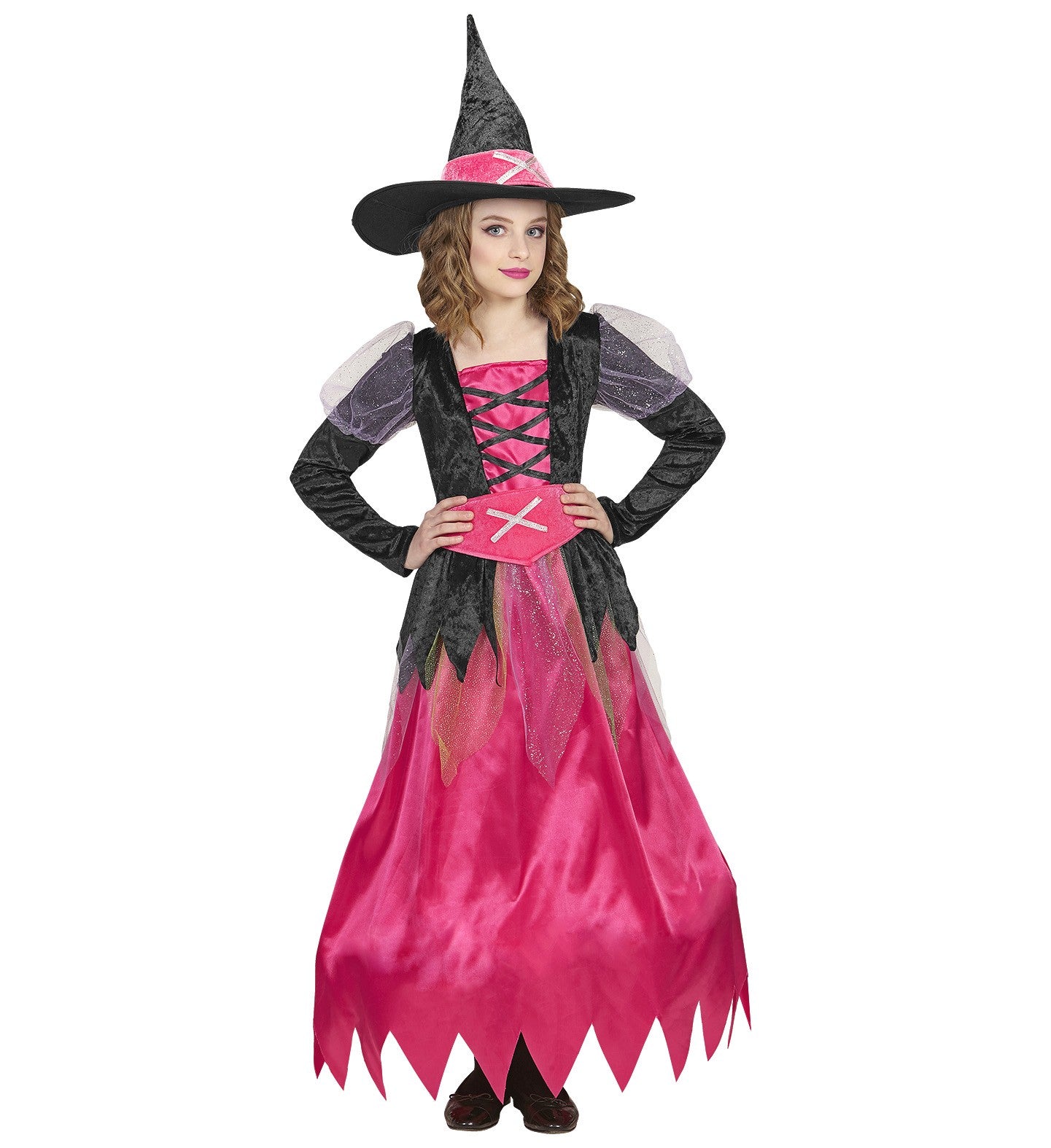 Déguisement de Sorcière fille du moyen âge (robe noire et rose, chapeau, ceinture)