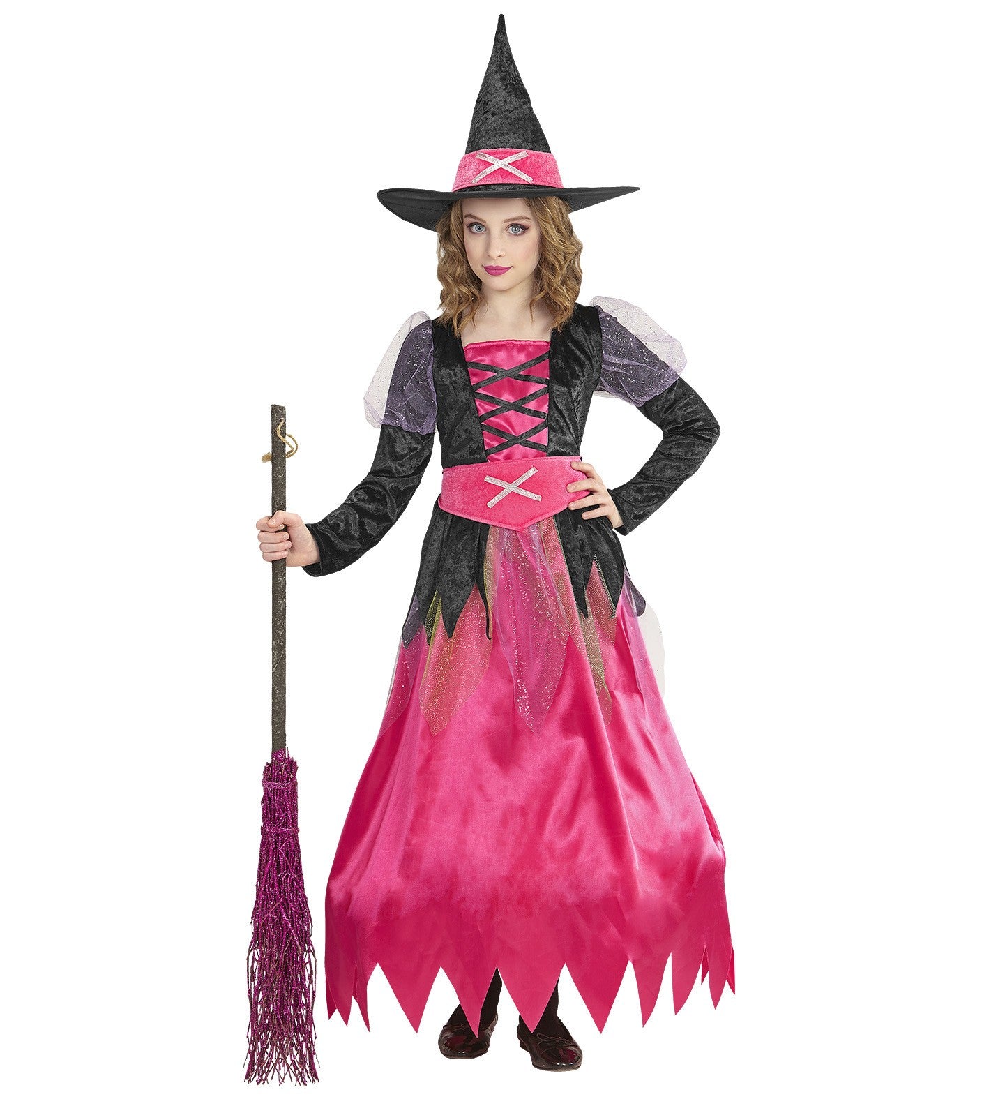 Déguisement de Sorcière fille du moyen âge (robe noire et rose, chapeau, ceinture)