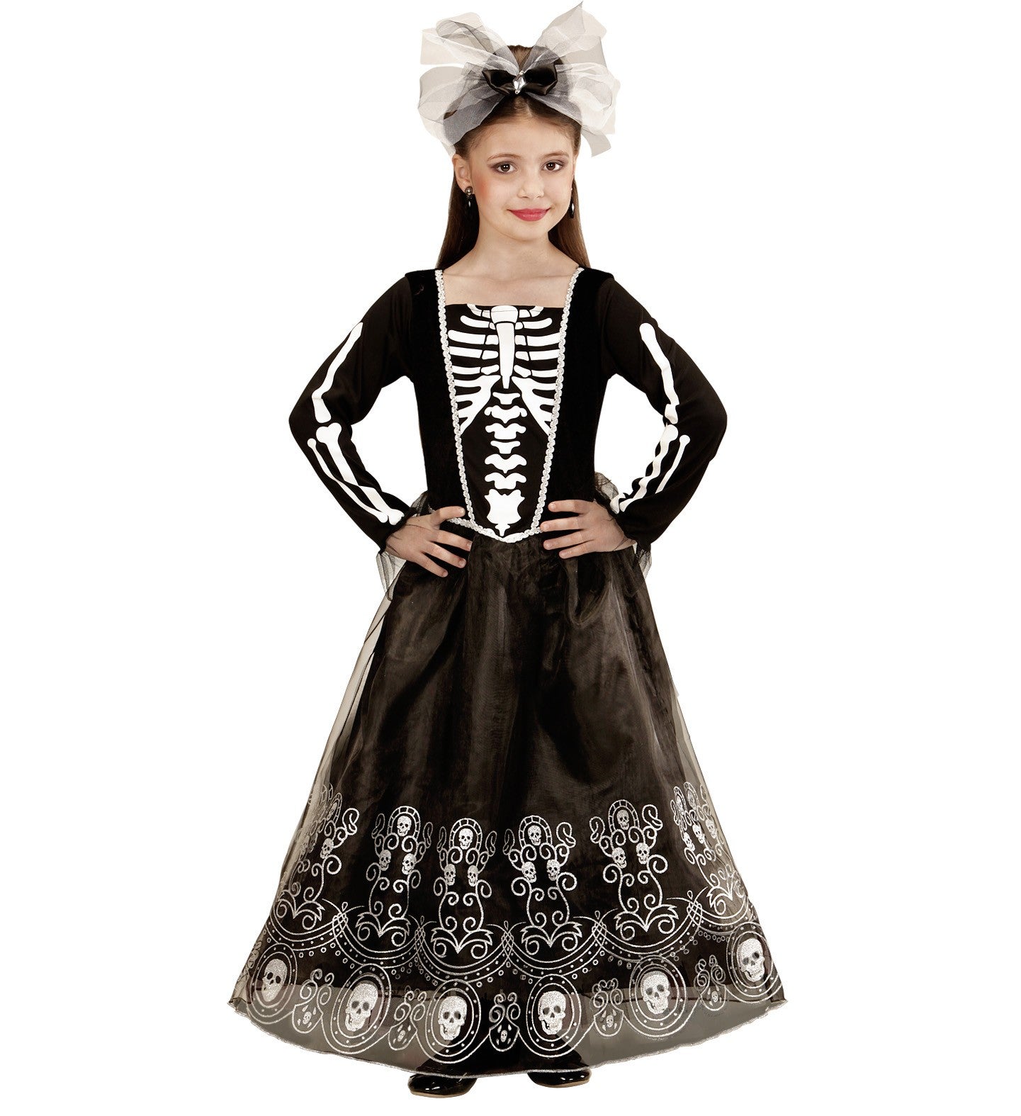 Déguisement squelette fille noir et blanc (robe longue, coiffe)