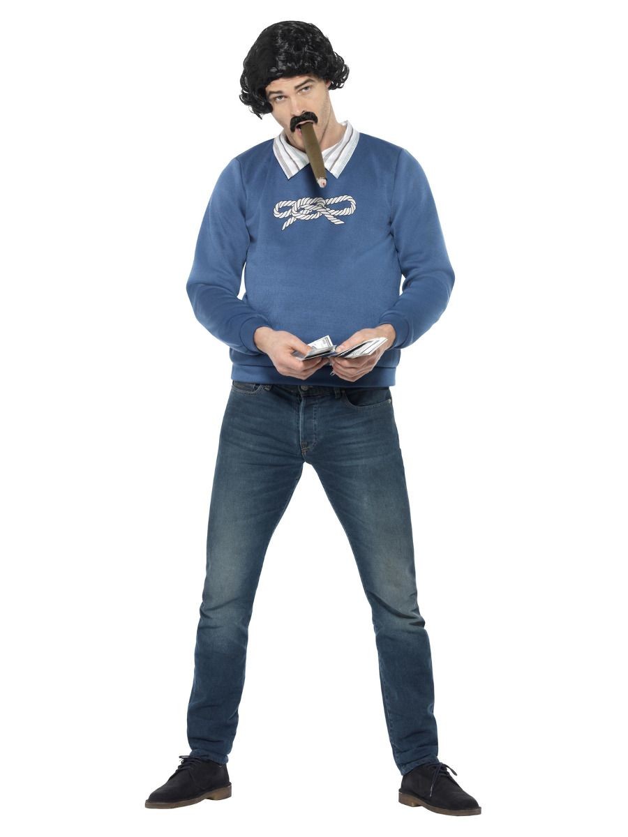 Déguisement du gangster Pablo (pull avec chemise attachée, perruque, moustache et billets)
