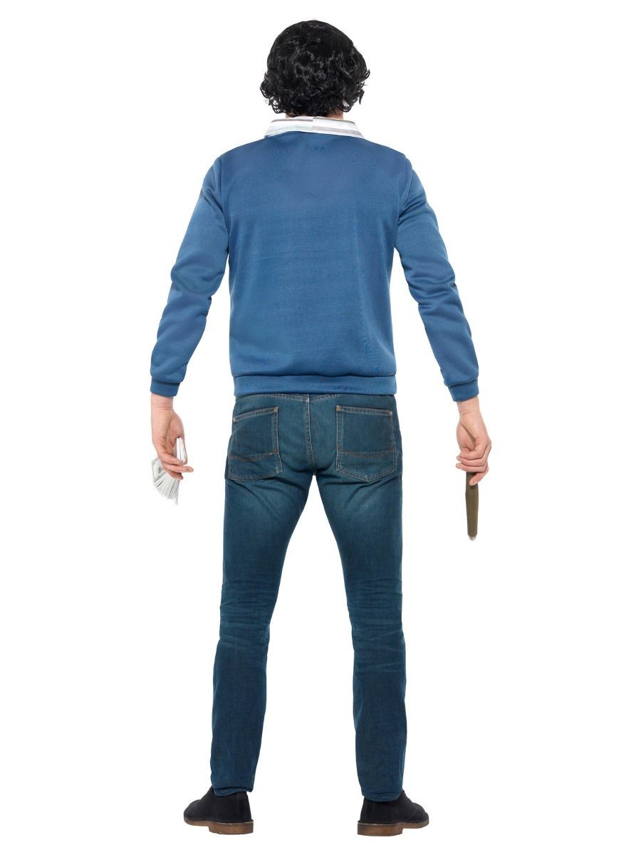 Déguisement du gangster Pablo (pull avec chemise attachée, perruque, moustache et billets)
