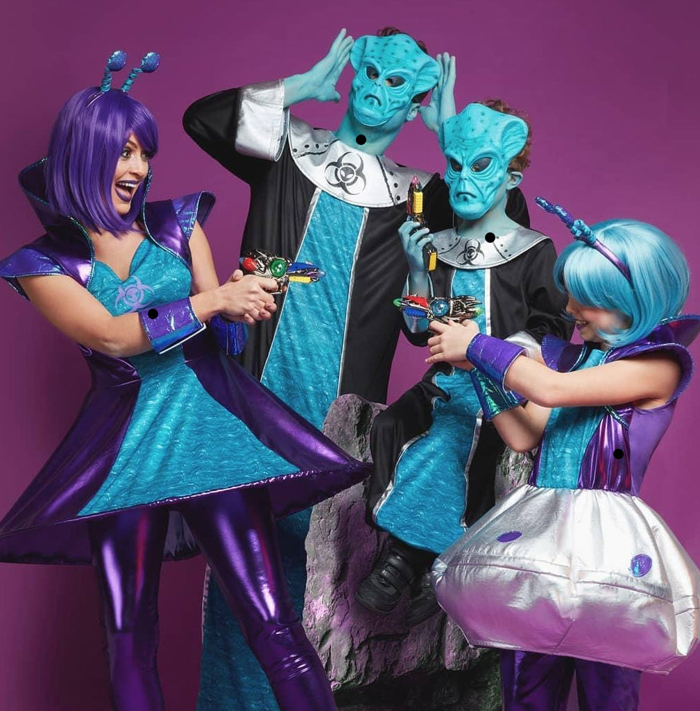 Déguisement Extra-Terrestre fille, Bleu robe, leggings, poignets et serre-tête)