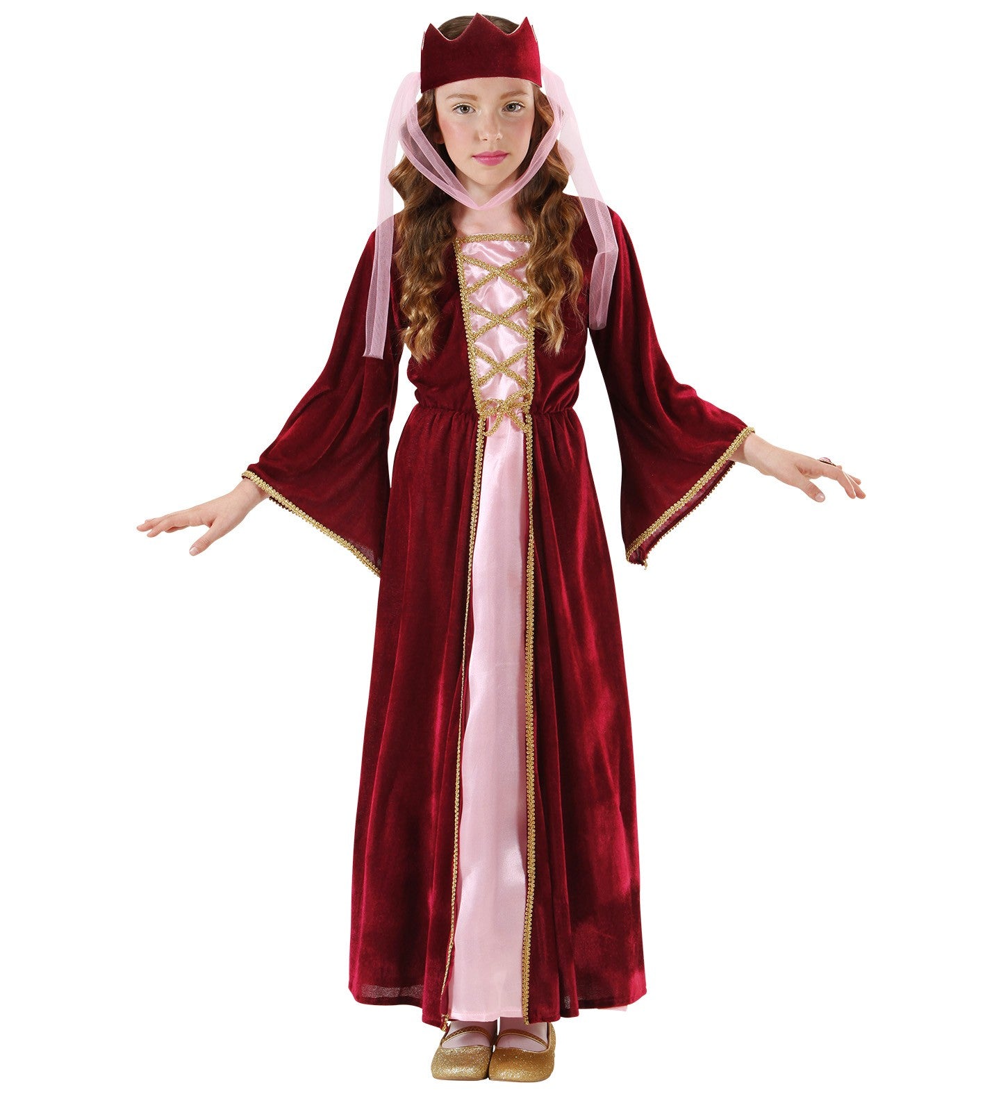 Déguisement Reine Médiéval fille, bordeaux (robe, coiffe avec voile)