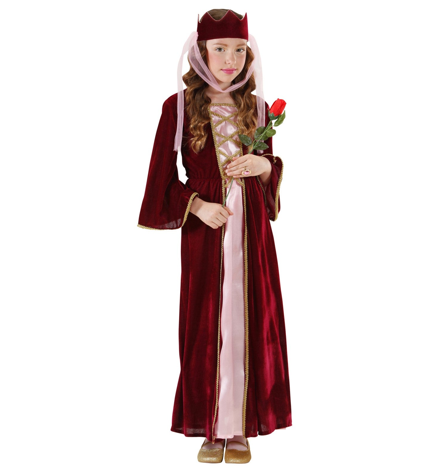 Déguisement Reine Médiéval fille, bordeaux (robe, coiffe avec voile)