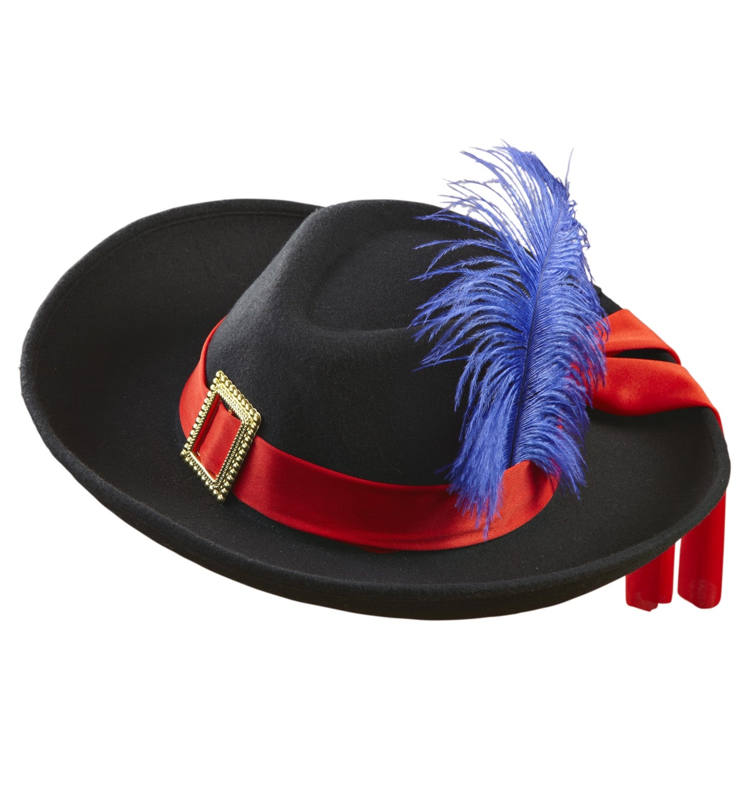 Chapeau Mousquetaire noir avec ruban rouge & plume bleue