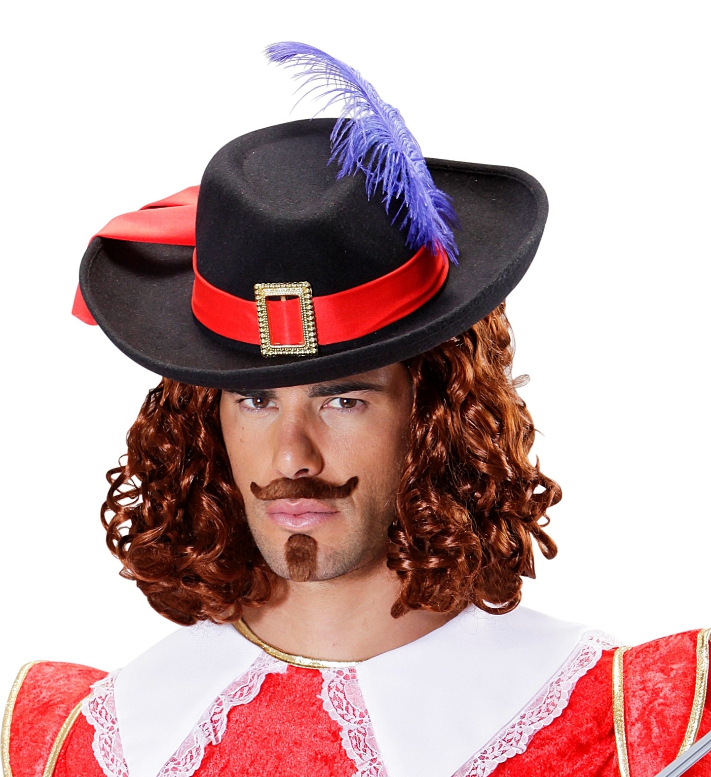 Chapeau Mousquetaire noir avec ruban rouge & plume bleue