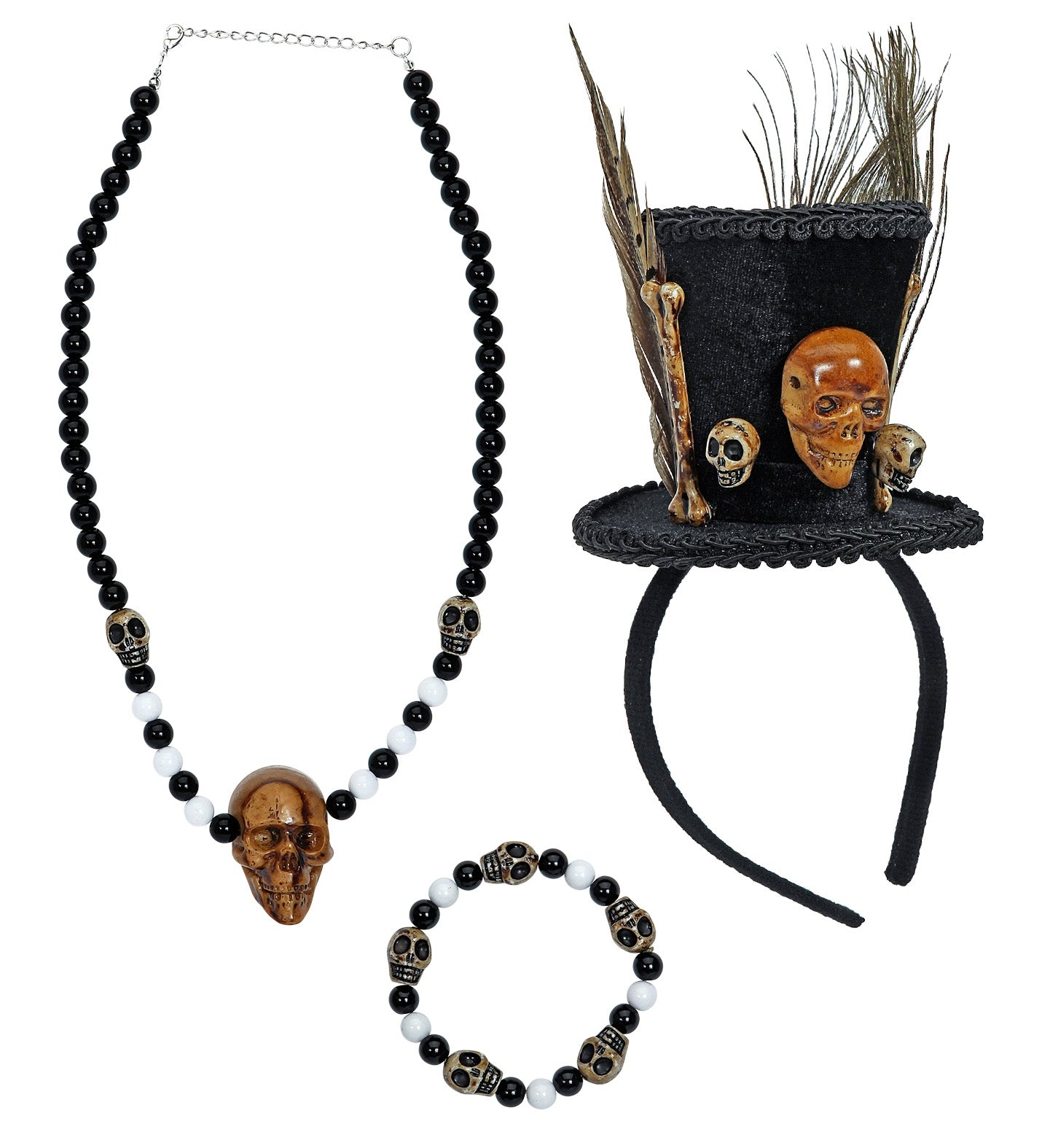 Set Vaudou avec chapeau, collier et bracelet squelette