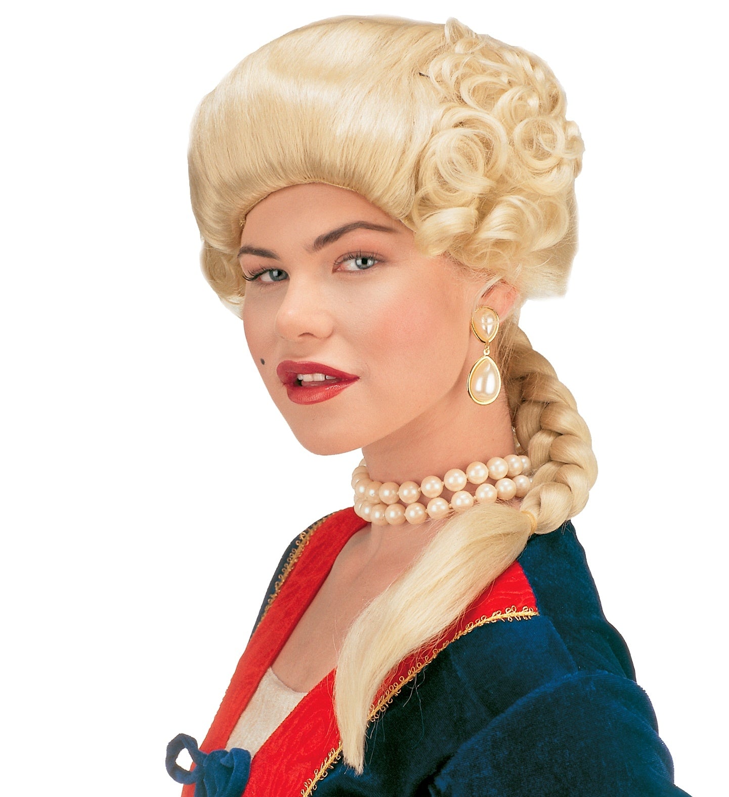 Perruque duchesse blonde avec boucles et longue tresse