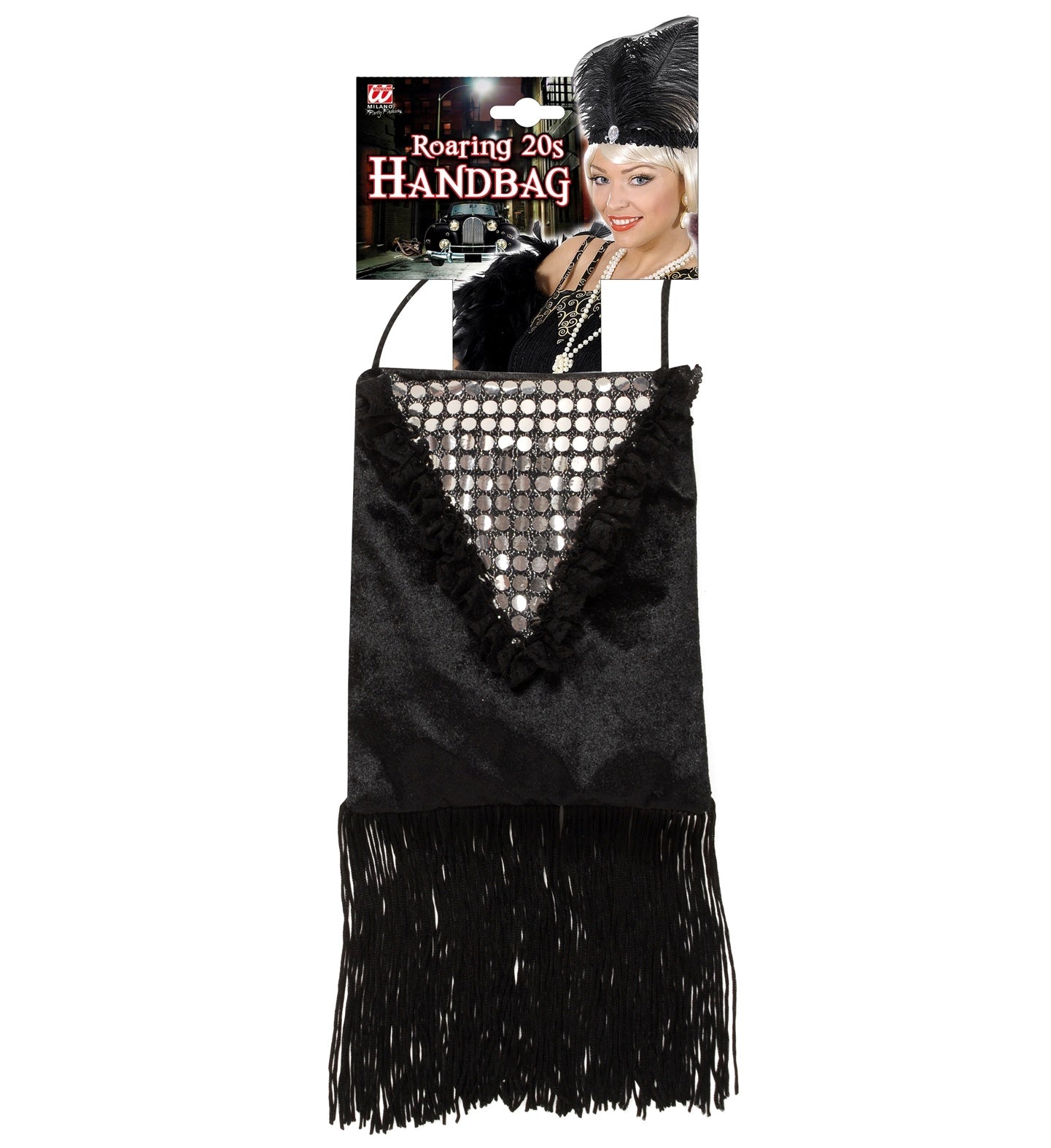 Sac rétro années 20 noir avec franges et paillettes