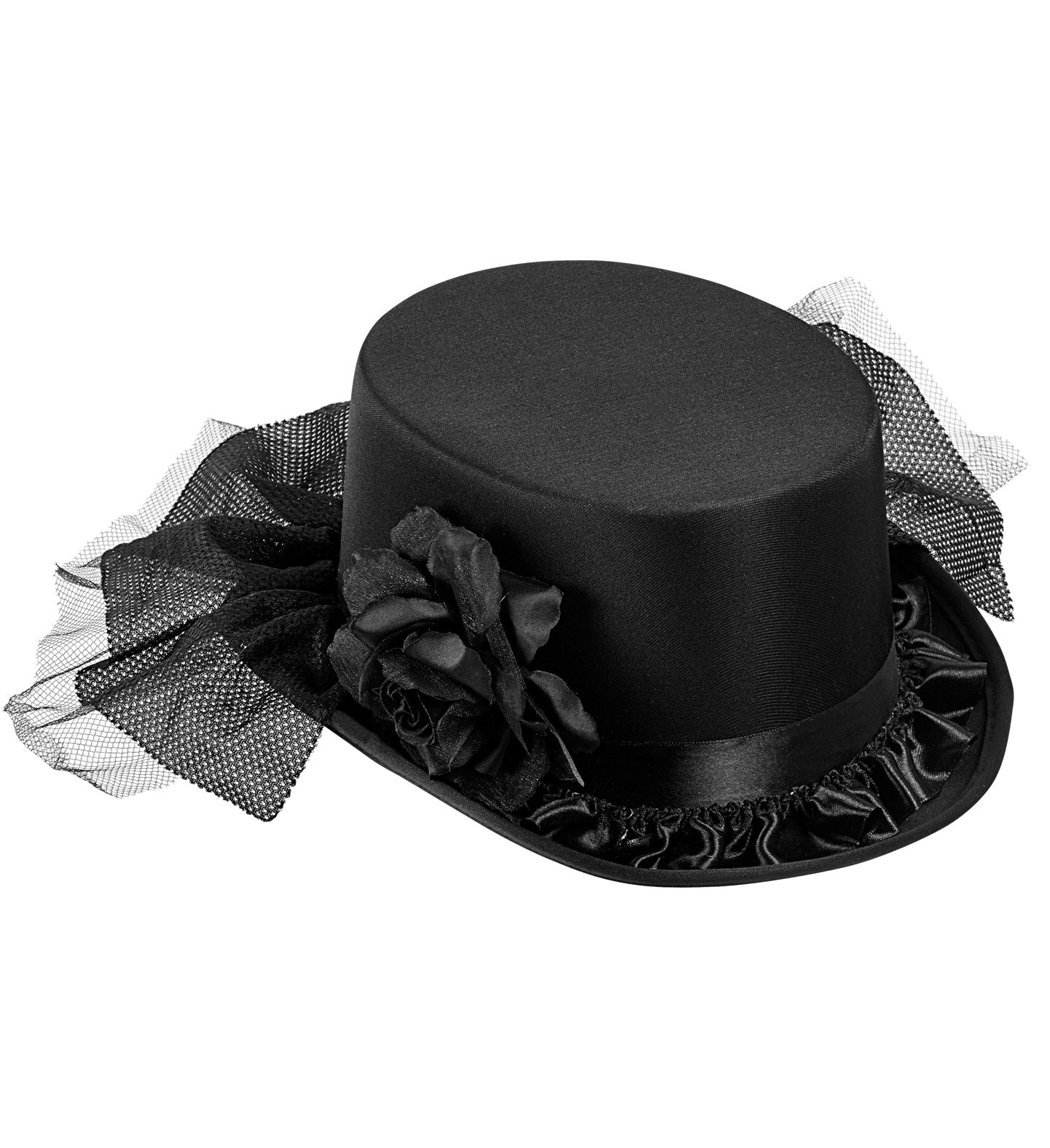 Chapeau haut de forme noir, femme avec voile et rose