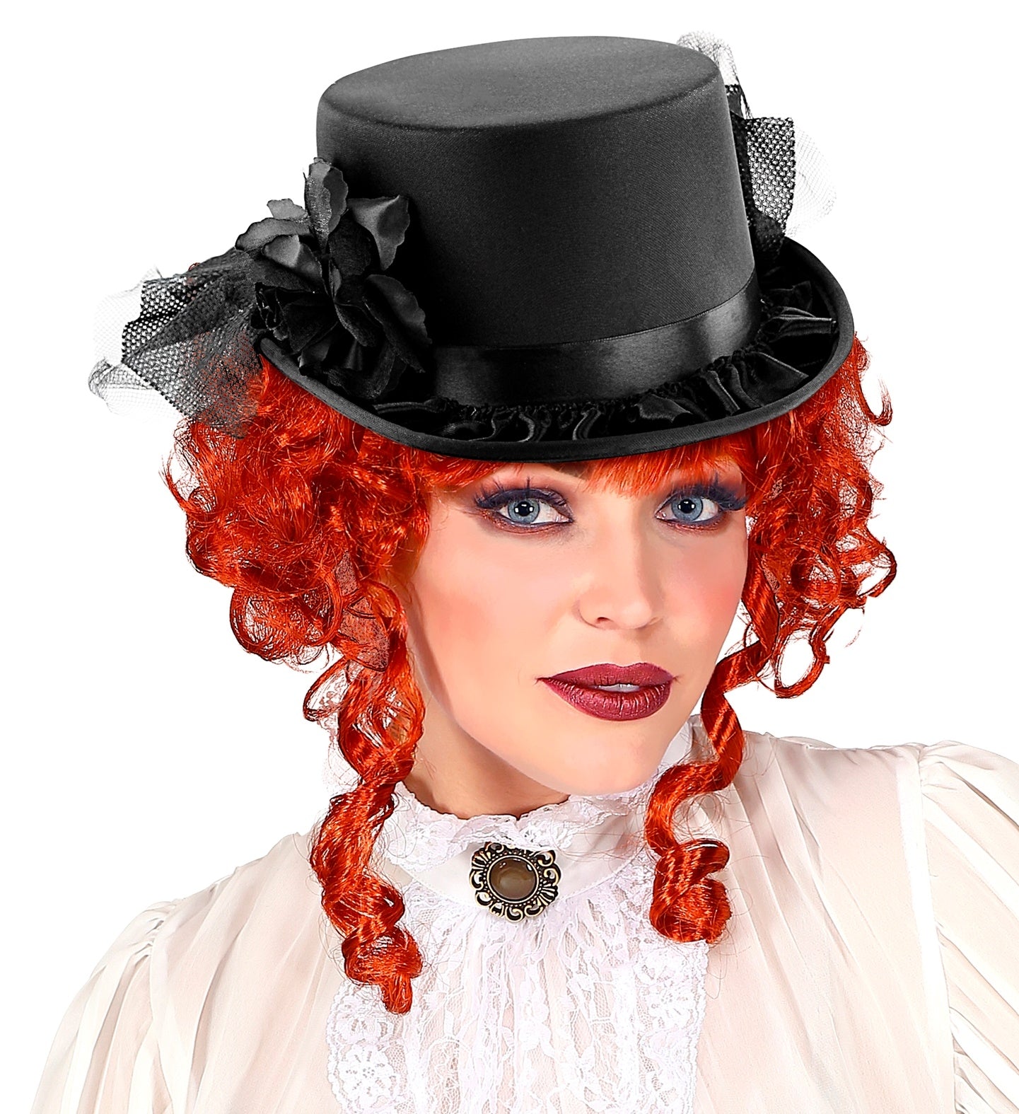 Chapeau haut de forme noir, femme avec voile et rose