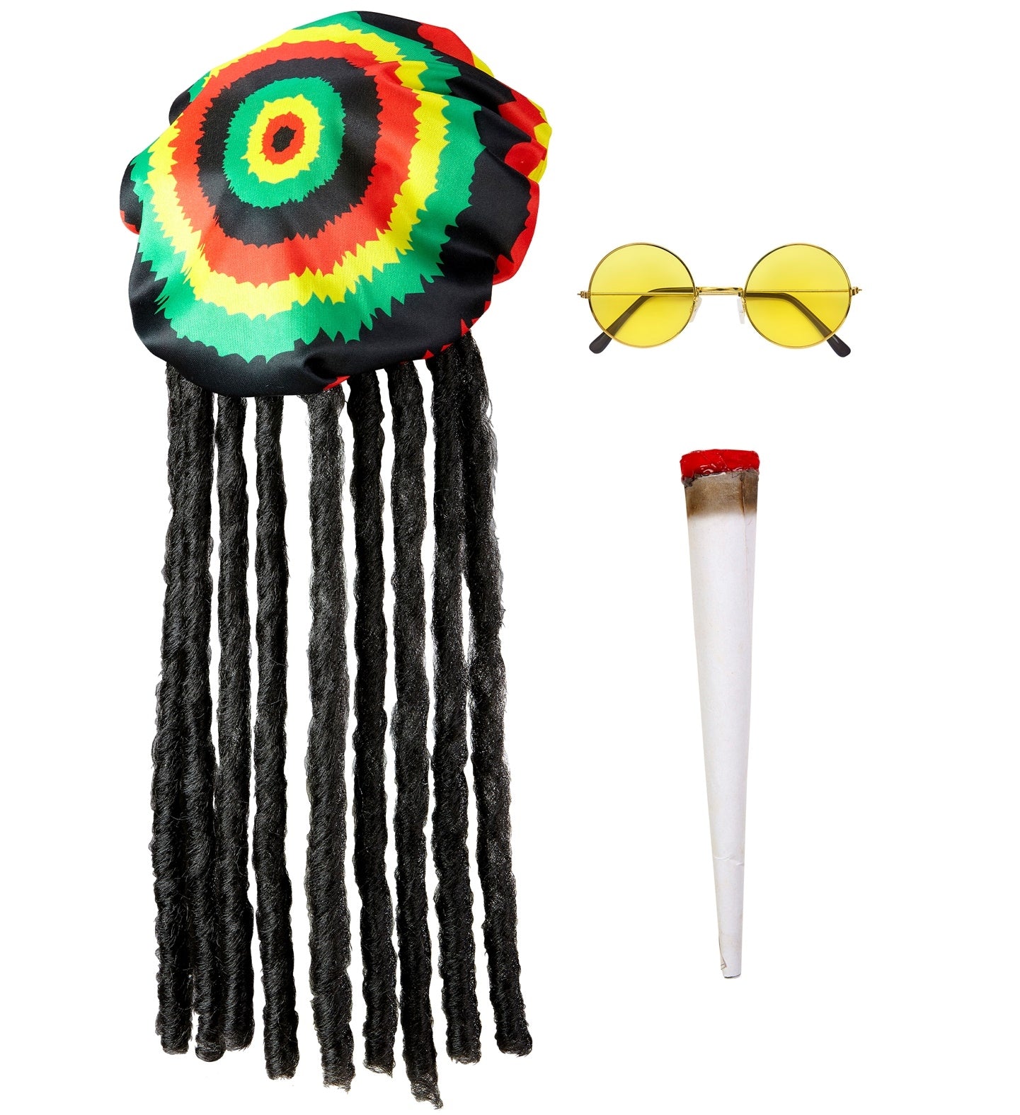 Set Rasta avec bonnet et dreadlocks, lunettes et grand joint