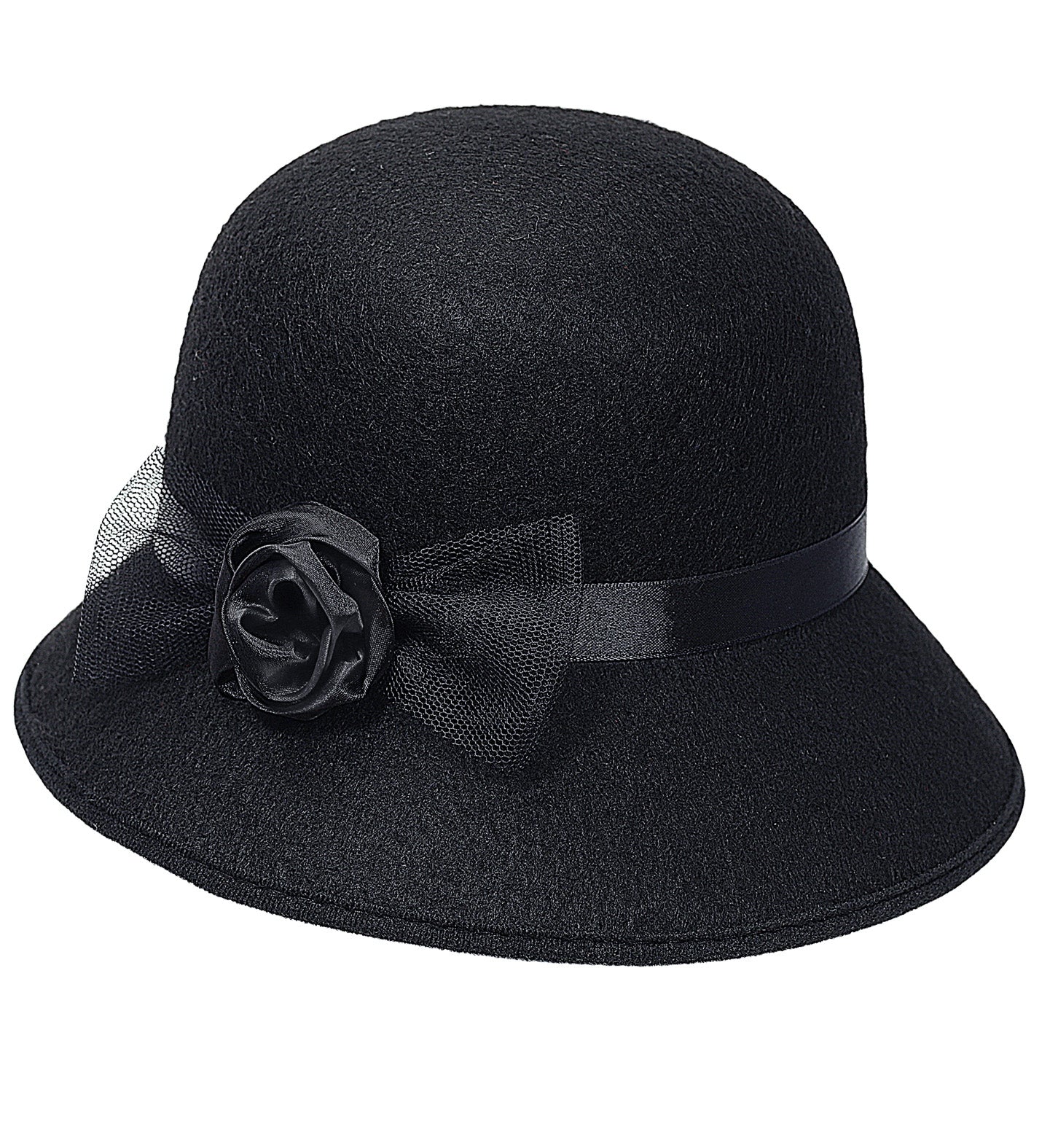 Chapeau cloche années 20 noir, femme avec nœud et fleur
