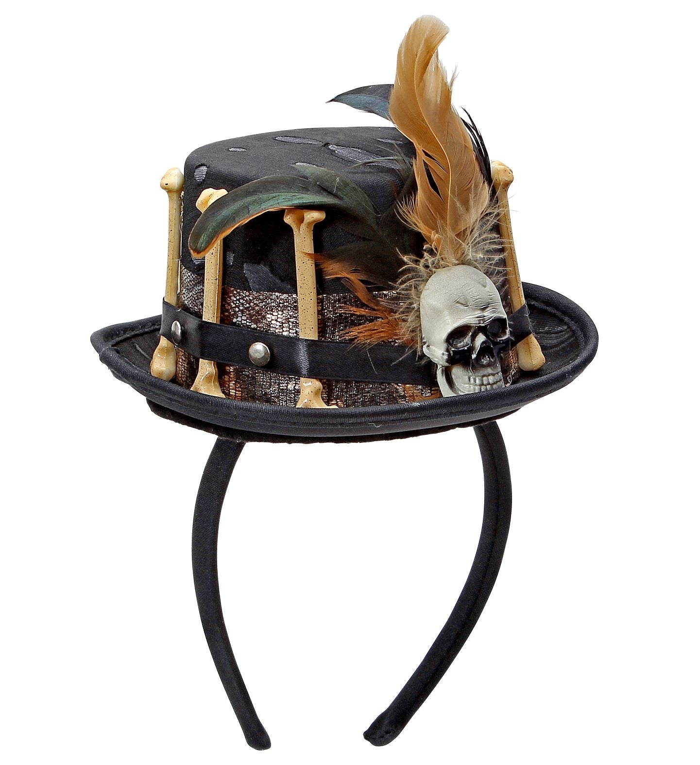Chapeau vaudou noir avec ossements et plumes