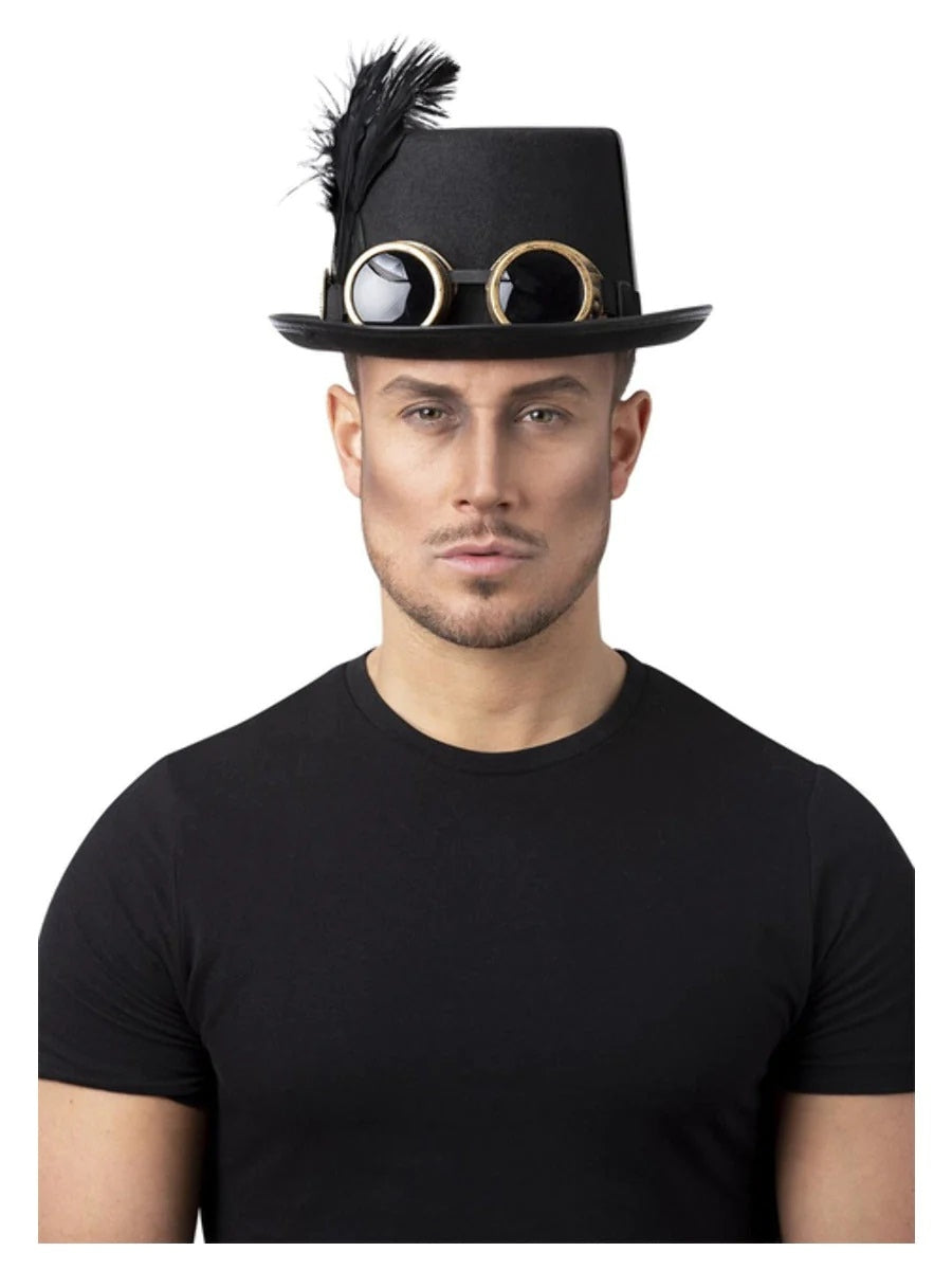 Chapeau steampunk en feutre noir avec lunettes et roues crantées