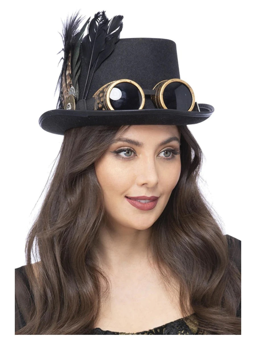 Chapeau steampunk en feutre noir avec lunettes et roues crantées