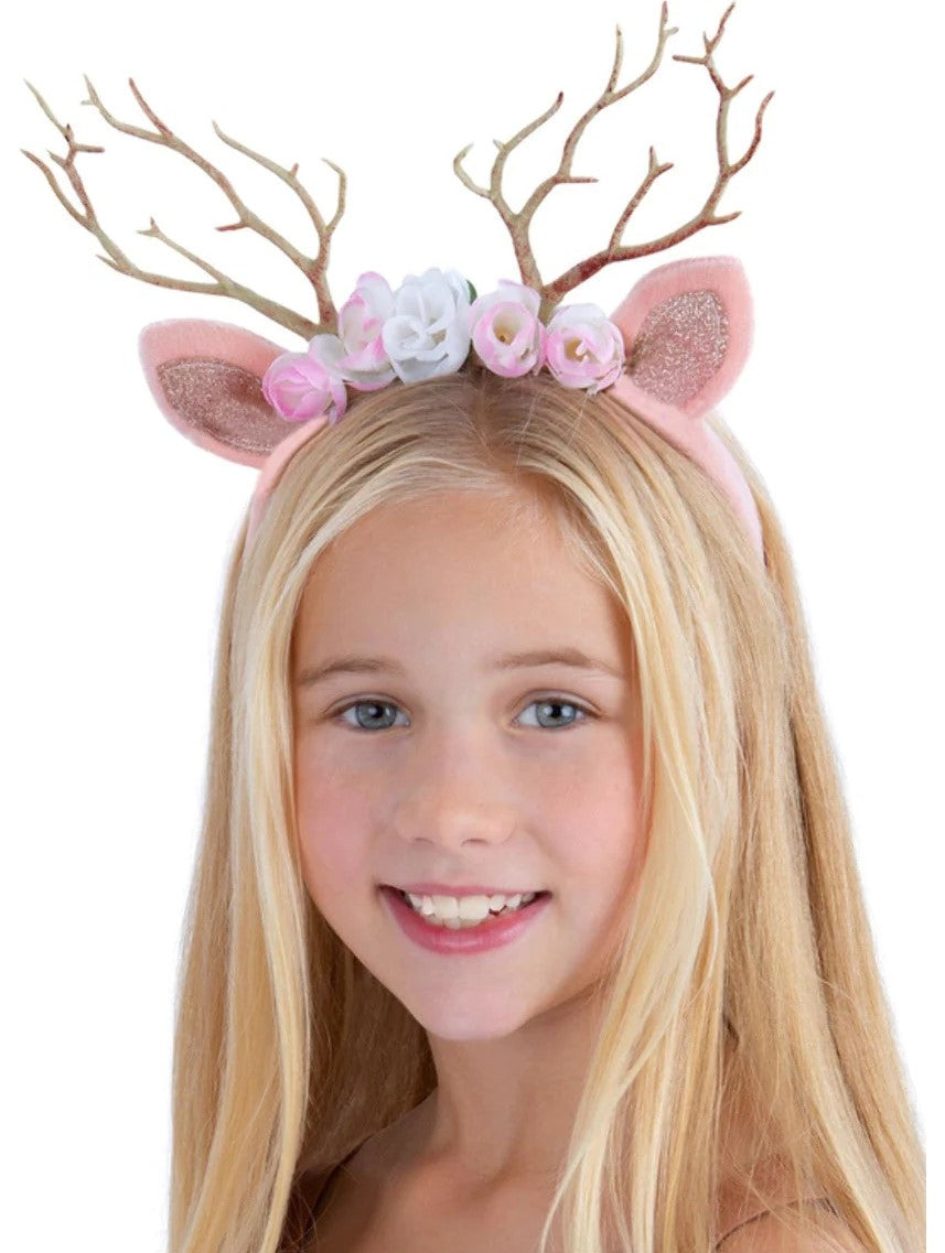 Serre-tête de cerf rose doré, orné de fleurs délicates