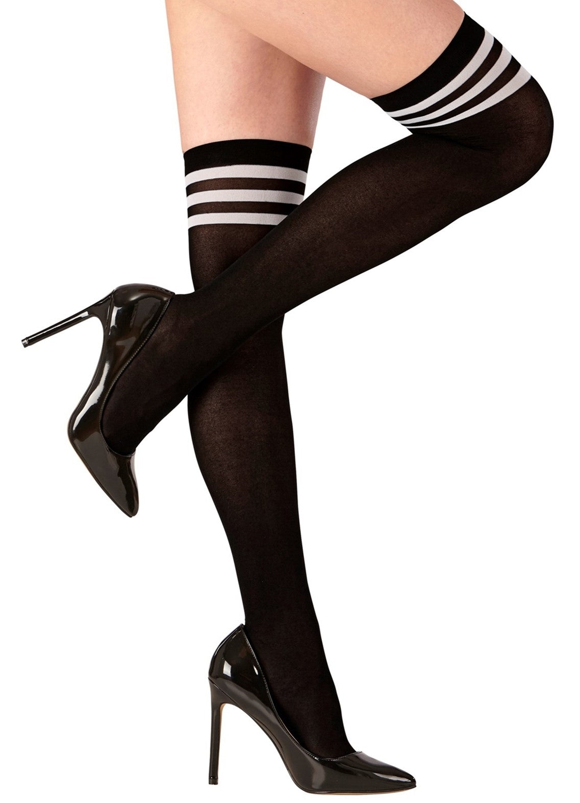 Chaussettes montantes femme noires rayées blancs - Accessoire sexy pour Halloween