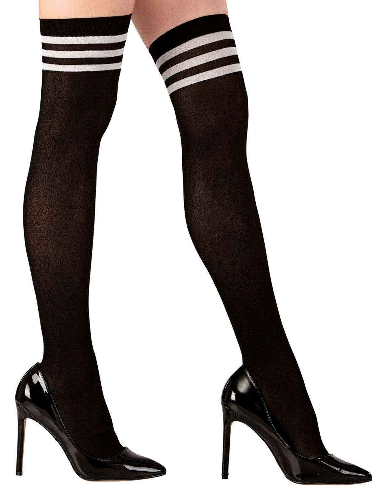 Chaussettes montantes femme noires rayées blancs - Accessoire sexy pour Halloween