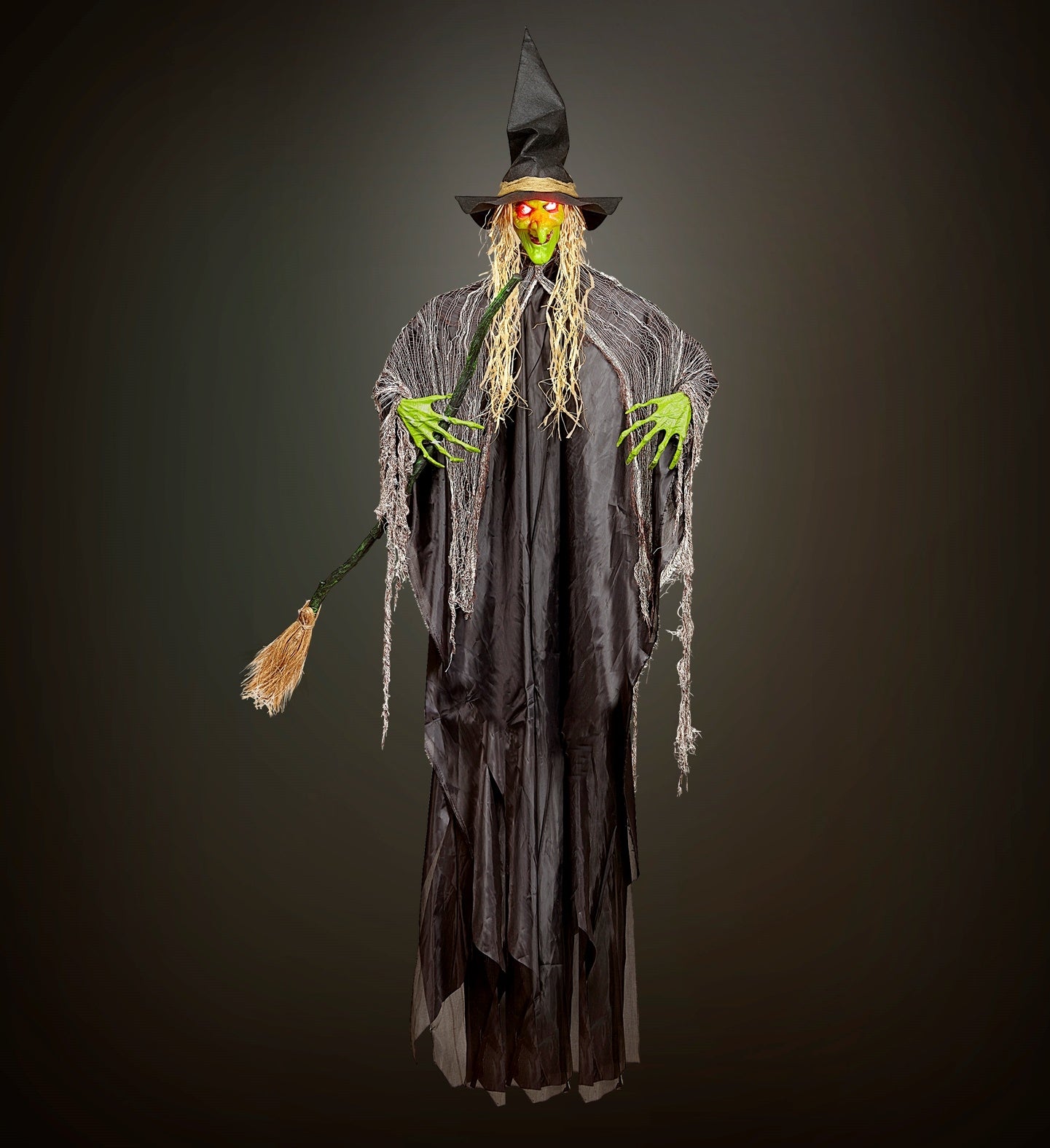 Décoration Effrayante : Sorcière 240 cm avec Balai et Yeux Rouges Lumineux