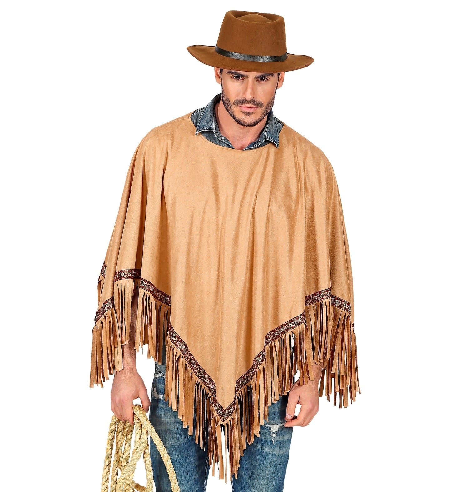 Poncho Aspect Daim Marron avec Franges : Mode Hippie et Gaucho