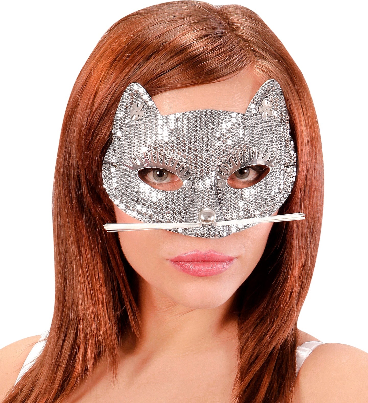 Loup de Chat à Paillettes Argentées avec Moustache : Élégance Féline pour Vos Costumes
